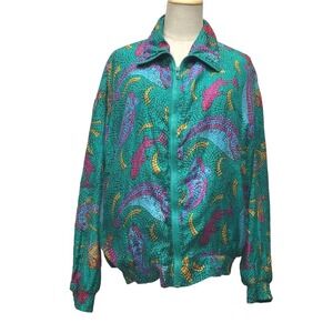 80s Lady‎ Bear Silk All Over Print Full Zip Bomber Jacket Green Plus Size 1X Vtg